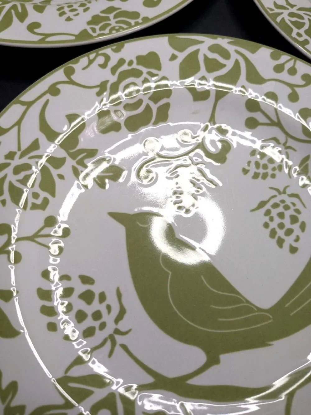 Pier 1 Imports Green Bird Stoneware 8” Luncheon Salad Dessert Plates Set Of 3